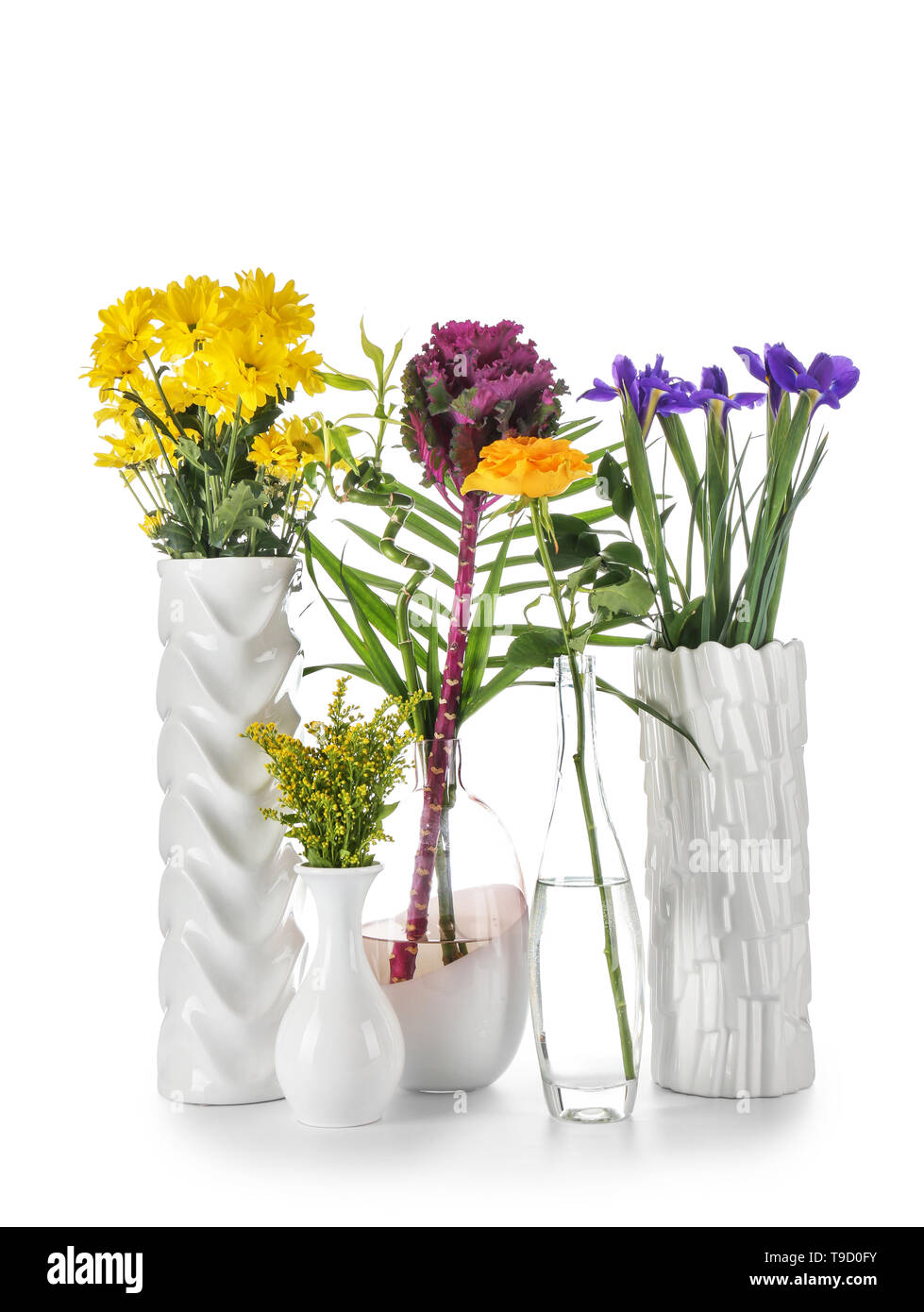 Various beautiful flowers in vases on white background Stock Photo - Alamy