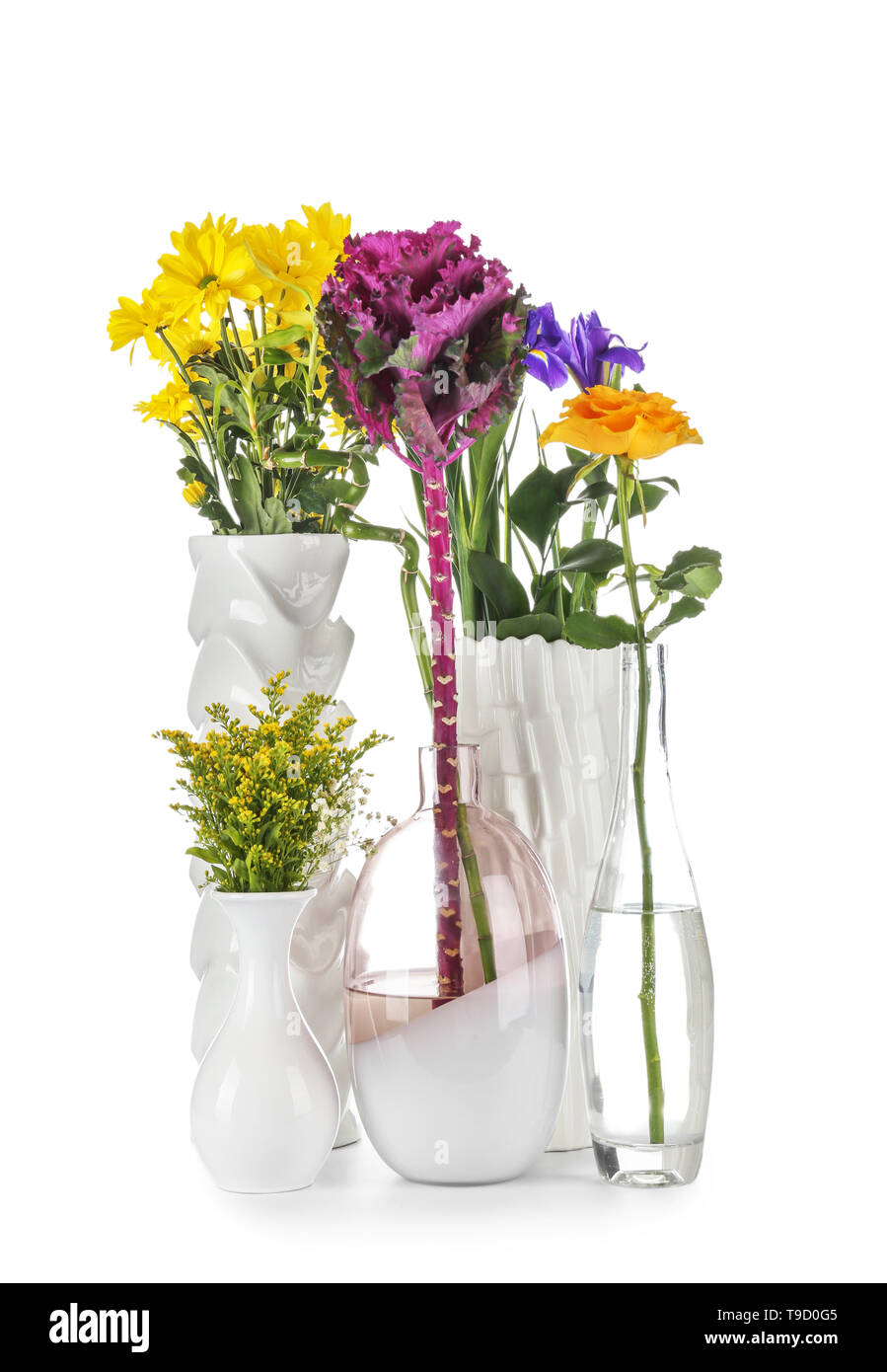 Various beautiful flowers in vases on white background Stock Photo - Alamy