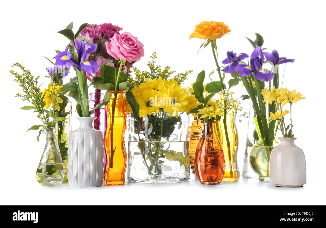 Various beautiful flowers in vases on white background Stock Photo - Alamy