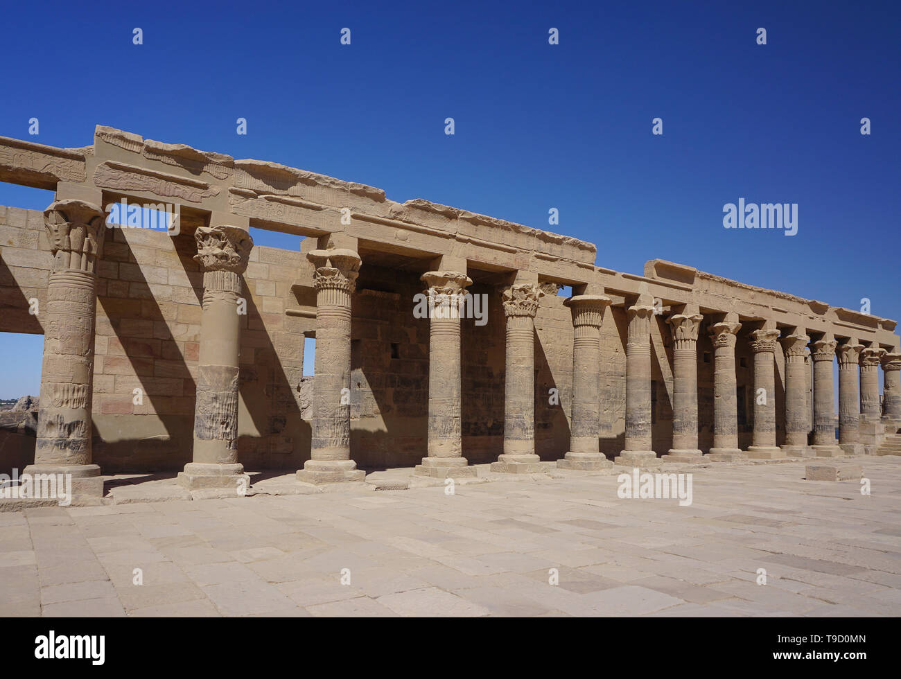 Aswan, Egypt: A row of columns at the relocated temple complex of Philae, built during the Ptolemaic Kingdom. Stock Photo