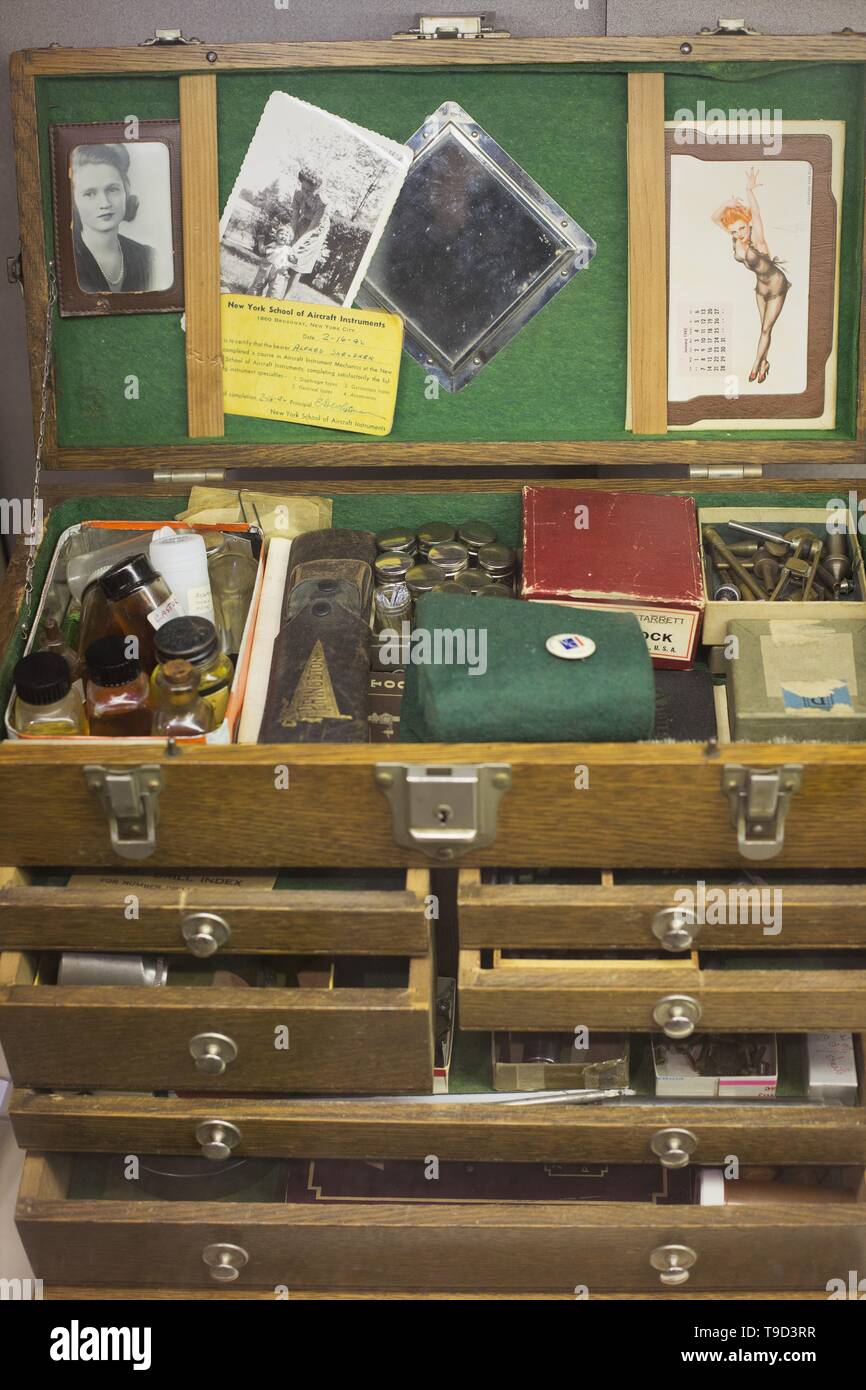 A case containing tools used to repair WWII aircraft, on display at the