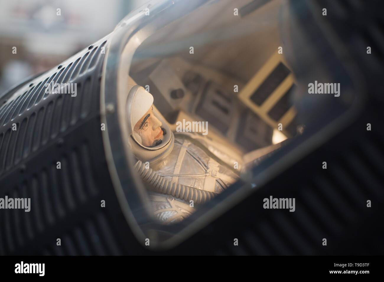 A model of a man in an astronaut in a space capsule at the Oregon Air and Space Museum in Eugene, Oregon, USA. Stock Photo