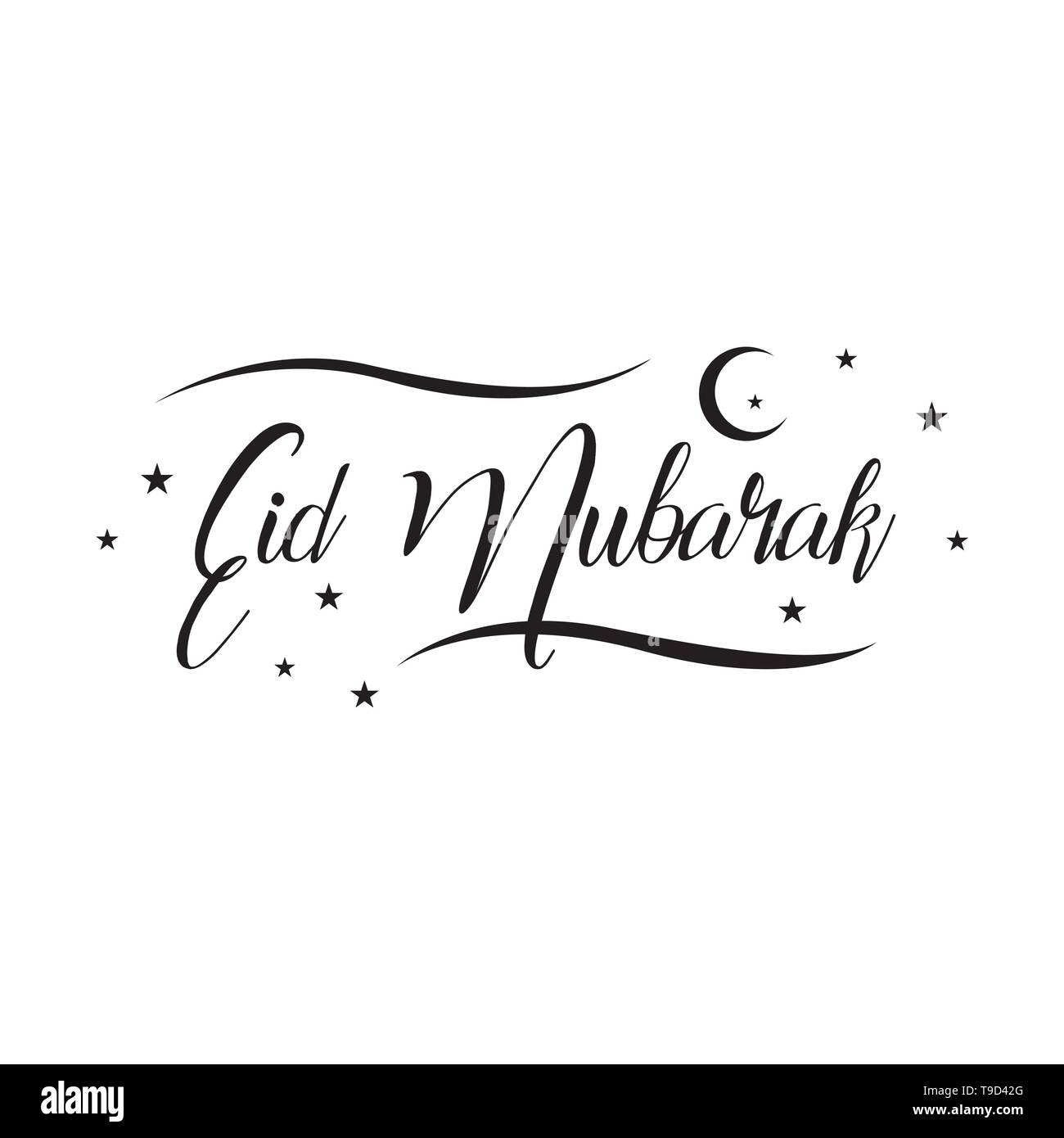 Eid Mubarak calligraphy lettering with star, crescent moon and floral designs. Stock Vector