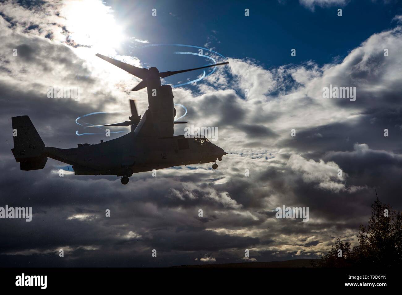 A U.S. Marine Corps MV-22B Osprey with Special Purpose Marine Air-Ground Task Force-Crisis-Response-Africa 19.2, Marine Forces Europe and Africa, lands during a tactical recovery of aircraft and personnel rehearsal near Perdasdefogu, Sardinia, Italy, May 13, 2019. The rehearsal was executed on the first day of exercise Joint Stars 2019, a bilateral exercise between SPMAGTF-CR-AF 19.2 and the Italian Armed Forces The goal of the exercise is to put the U.S. Marines and Italian forces through complex scenarios in order to increase combined capabilities and bilateral interoperability. SPMAGTF-CR-A Stock Photo
