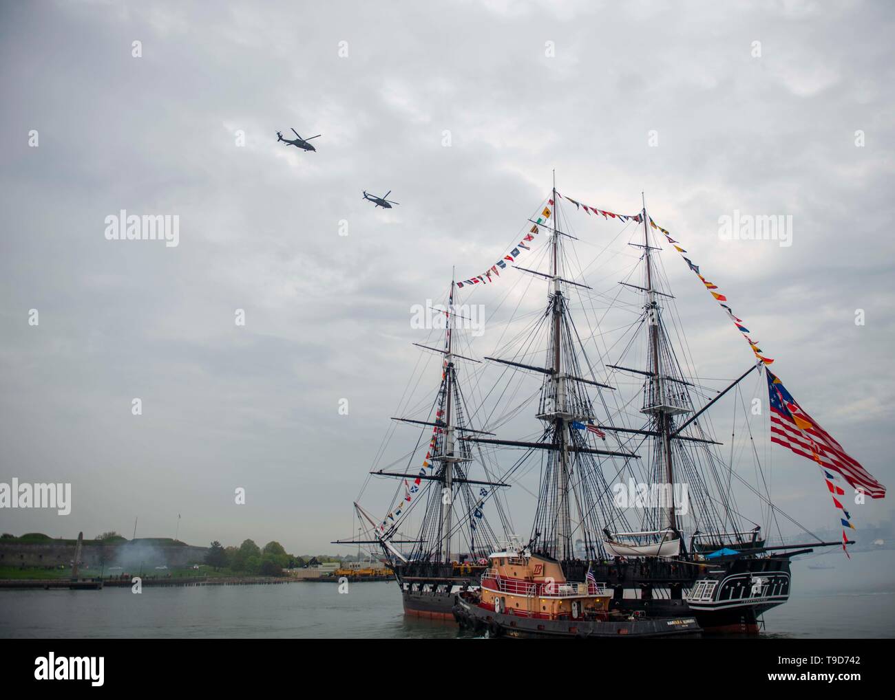 BOSTON (May 17, 2019) USS Constitution is tugged out to Fort Independence on Castle Island during ‘Old Ironsides' underway commemorating the Vietnam War. The event is in concert with the National Vietnam War Commeration, commited to highlighting the service of U.S,. Armed Forces during the Vietnam War and to thank and honor veterans and their families, and our allies. (U.S. Navy Photo by Seaman Donovan Keller/released) Stock Photo