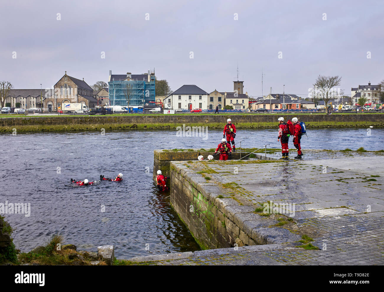 Galway rescue services practicing in the very fast flowing river  Corib near Spanish Arch Stock Photo