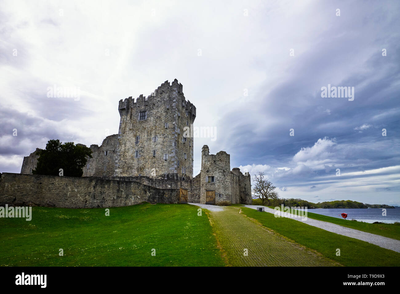 Looking up at the tower house of Ross Castle at Lough Leane, Killarney, Ireland Stock Photo