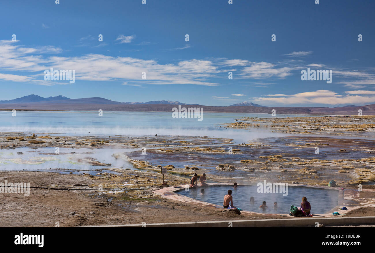 Enjoying the Aguas Termales de Polques Hot Springs, Salar de Uyuni, Bolivia Stock Photo
