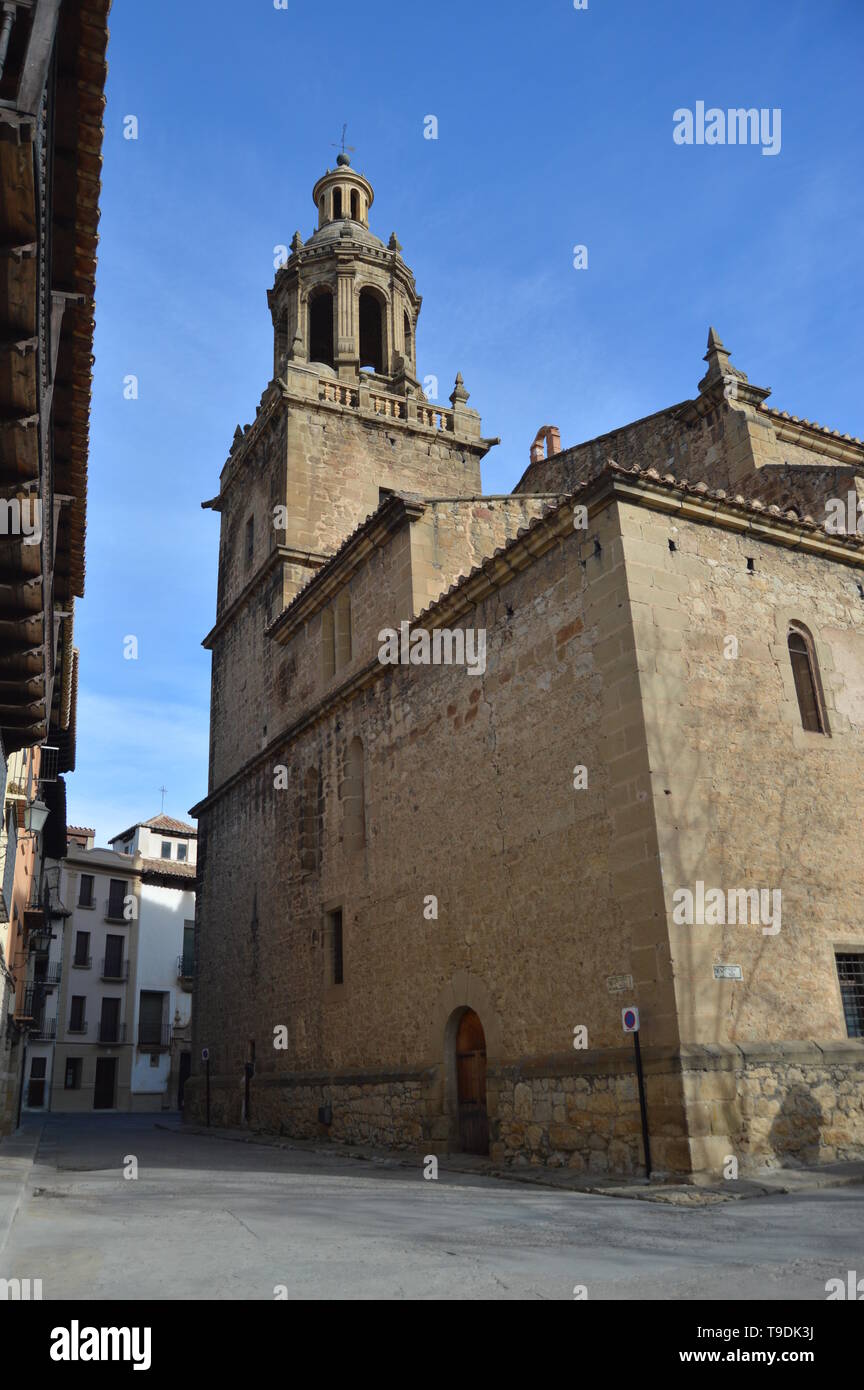 December 27, 2013. Beautiful Facade Of The Santa Maria Maggiore Excolegiata In Sun Square In Rubielos De Mora, Teruel, Aragon, Spain. Travel, Nature,  Stock Photo