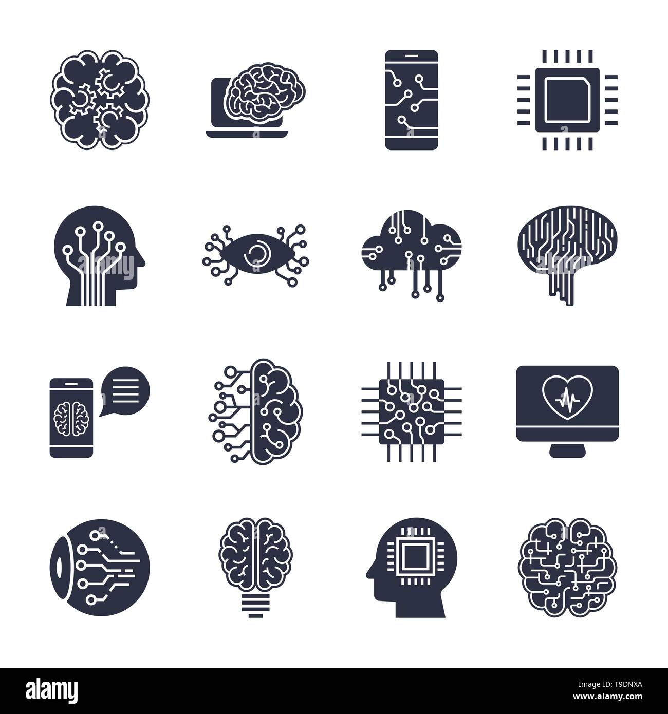 Simple set of artificial intelligence related line icons contains such icons as droid, eye, chip, brain Stock Vector