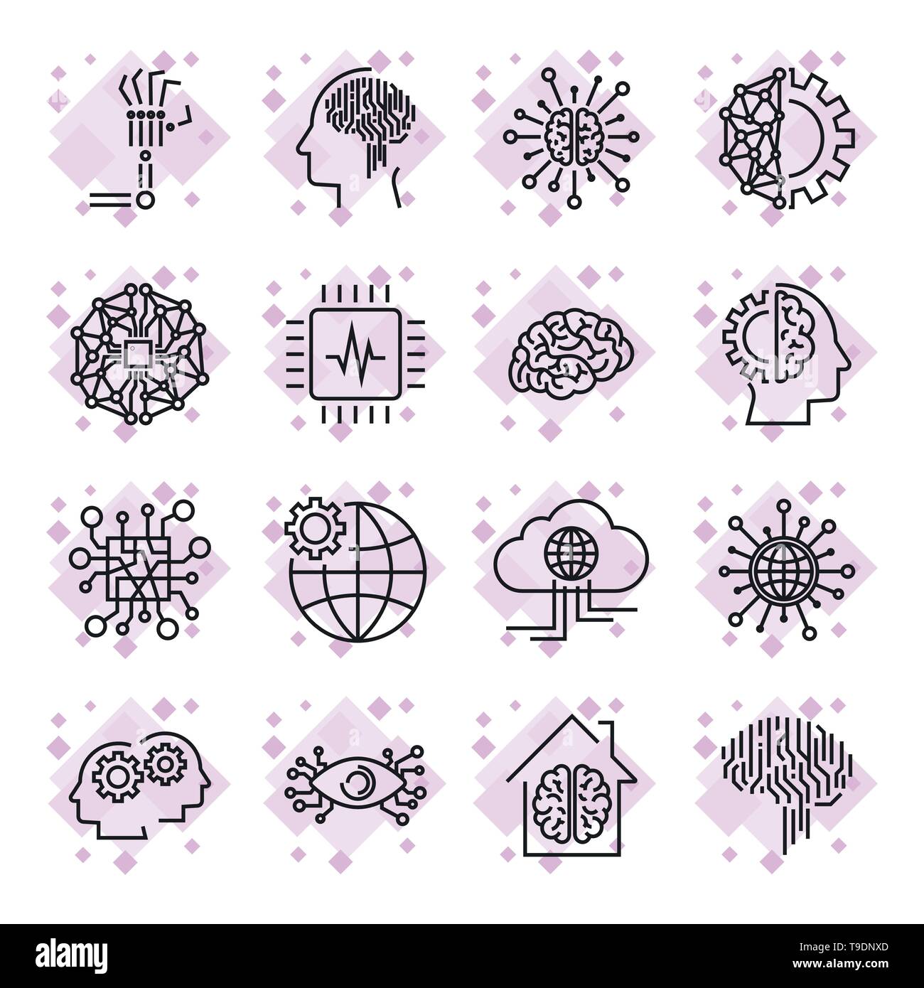 Simple set of artificial intelligence related line icons AI . E Stock Vector