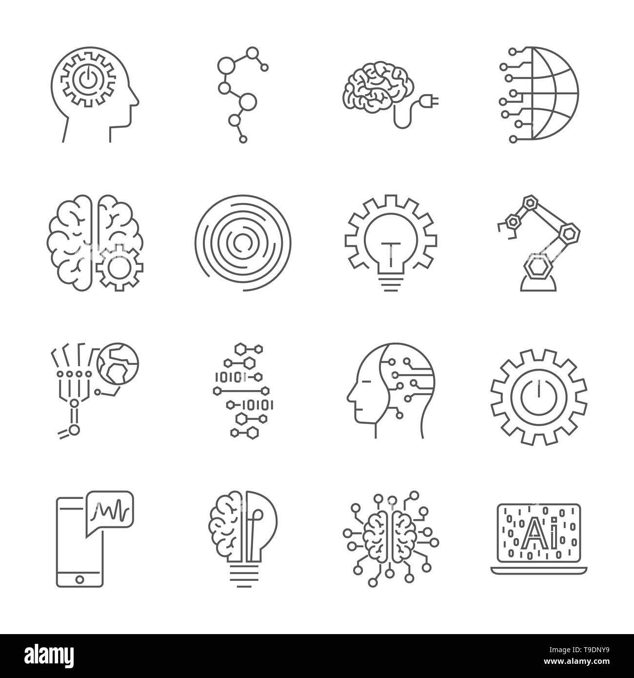 Simple Set of Artificial Intelligence Related Vector Line Icons. Contains such Icons as Face Recognition, Algorithm, Self-learning and more. Editable Stock Vector