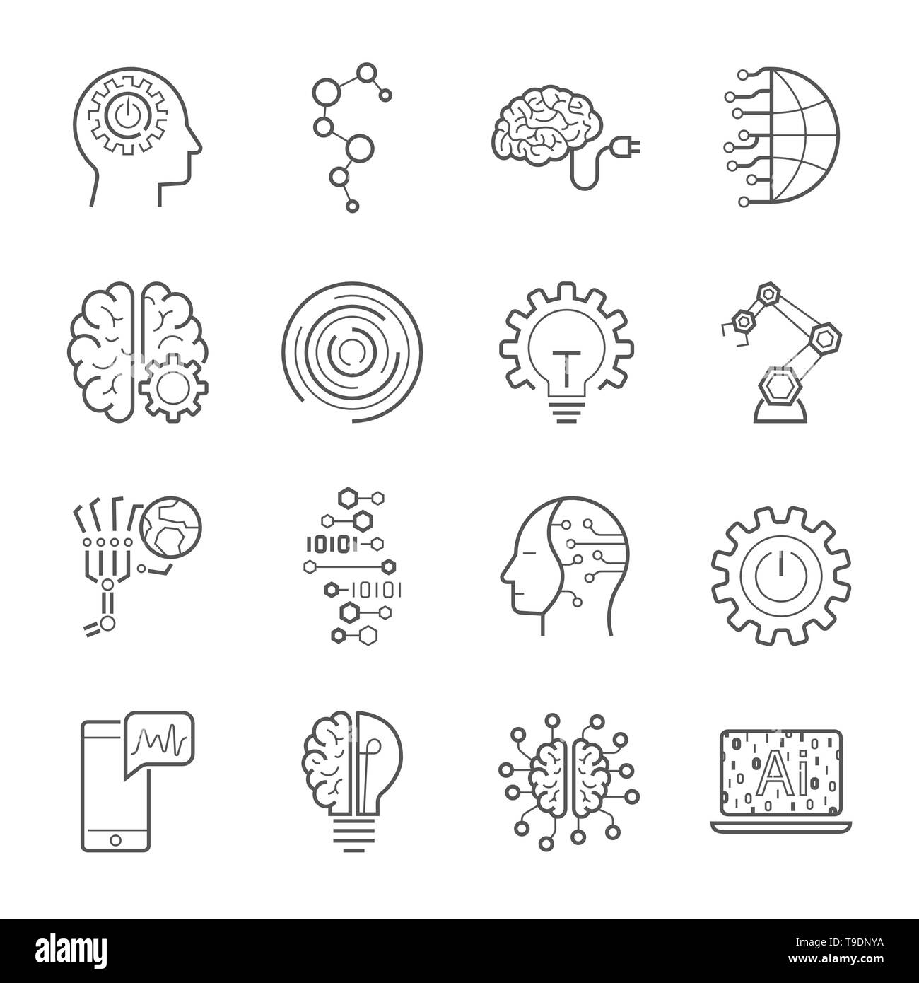 Simple Set of Artificial Intelligence Related Vector Line Icons. Contains such Icons as Face Recognition, Algorithm, Self-learning and more. Editable Stock Vector