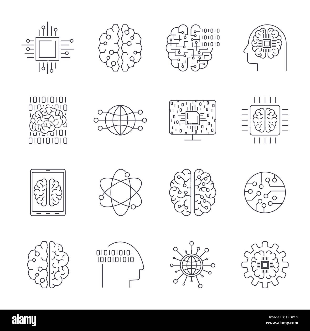 Icons in contour, thin and linear design. Artificial Intelligence, Modern technology. Concept illustration for website, apps, programs. AI, IoT, Robot Stock Vector