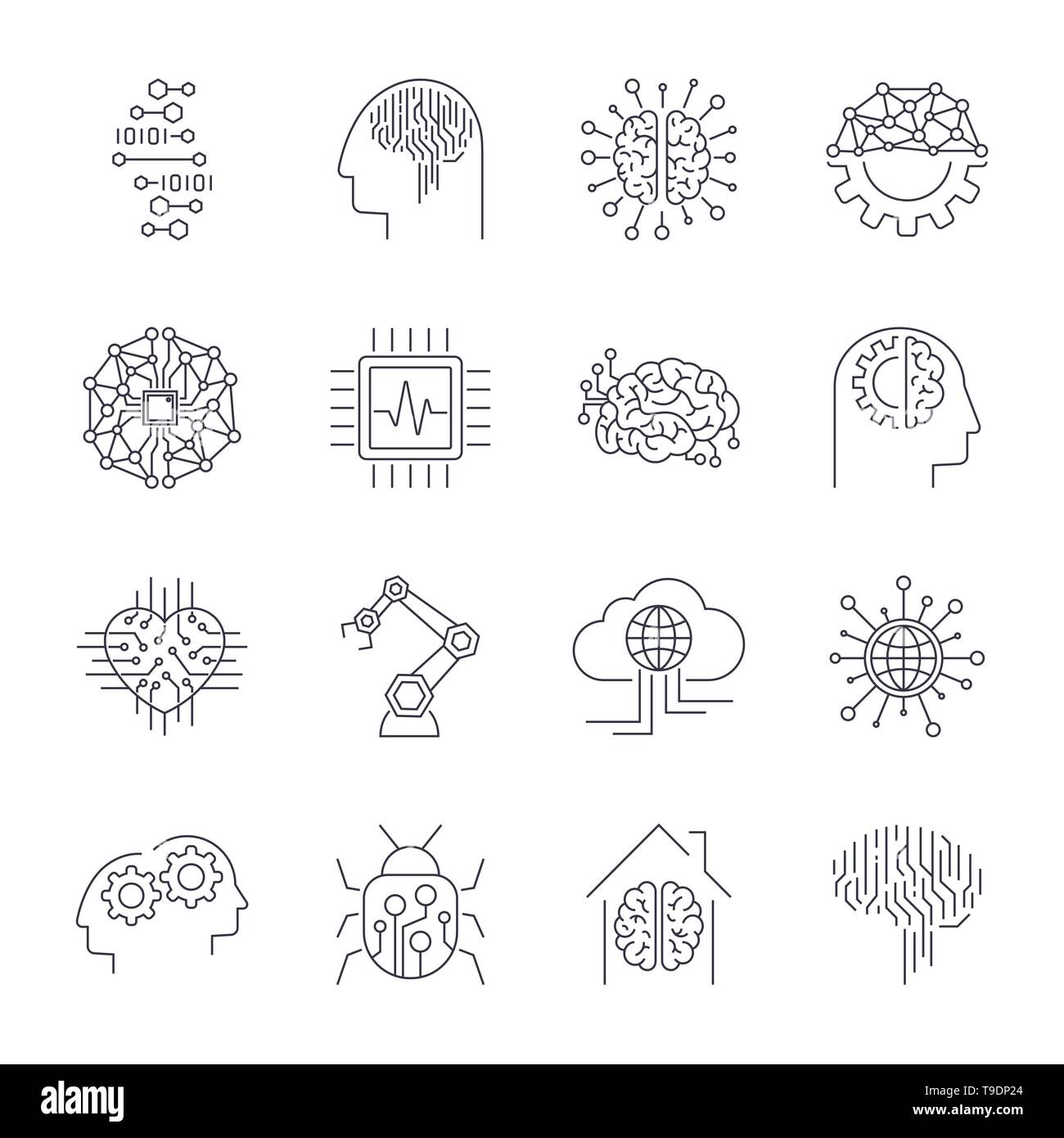 Simple set of artificial intelligence related line icons AI . Editable Stroke. Stock Vector