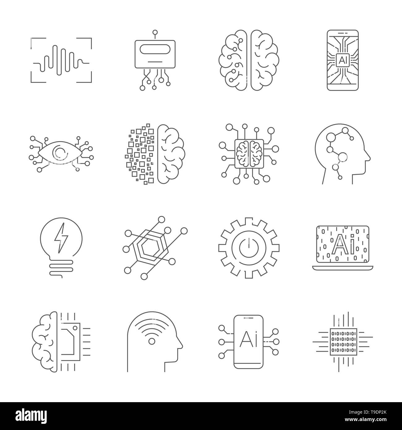 Future technologies icons. AI, quantum computing, robot, IoT, smart CPU and other. Editable Stroke. Stock Vector