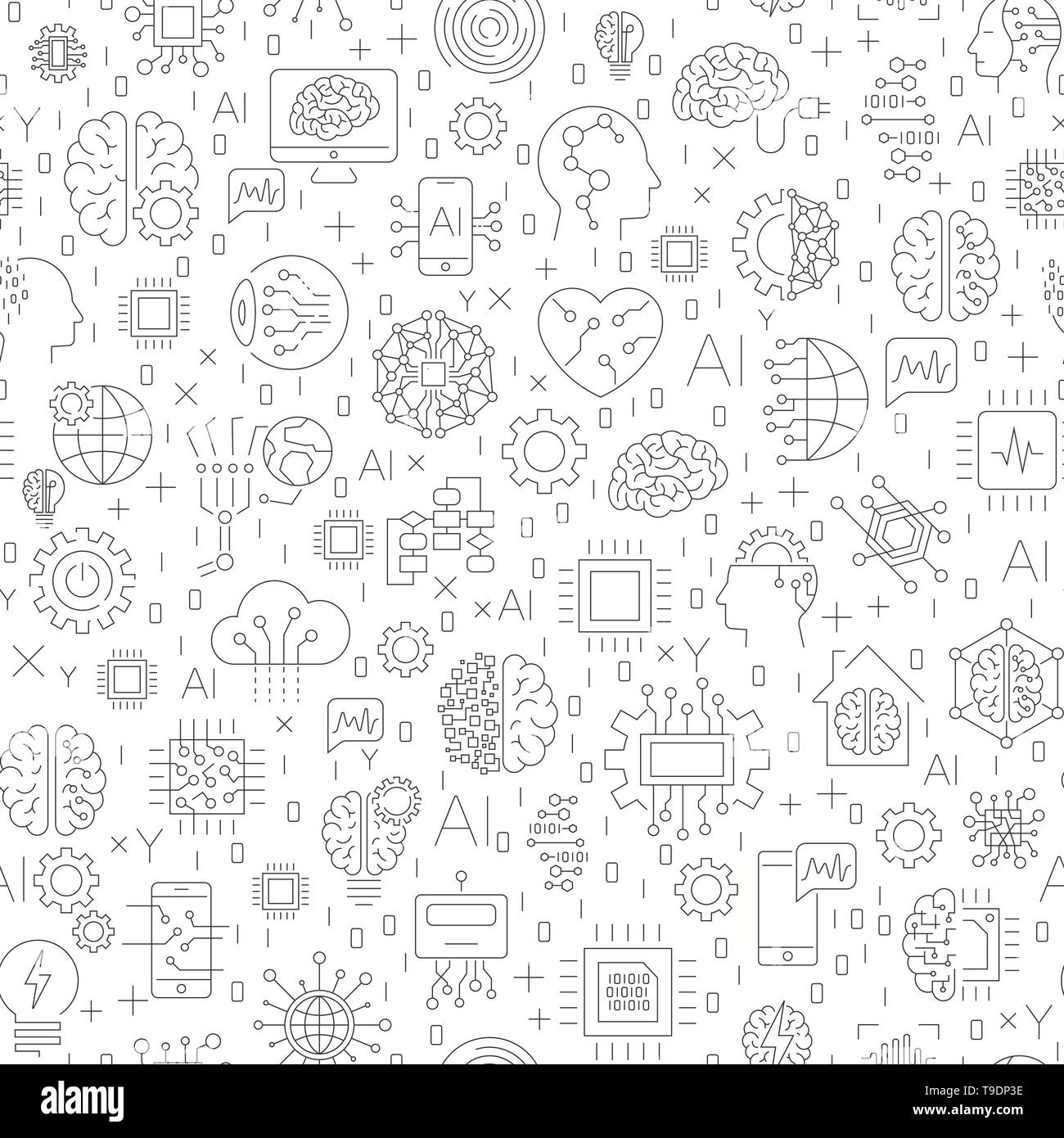 Machine learning and artificial intelligence concept. Robot and human graphic, gears, chip, processor, brain and other. Seamless Pattern Stock Vector