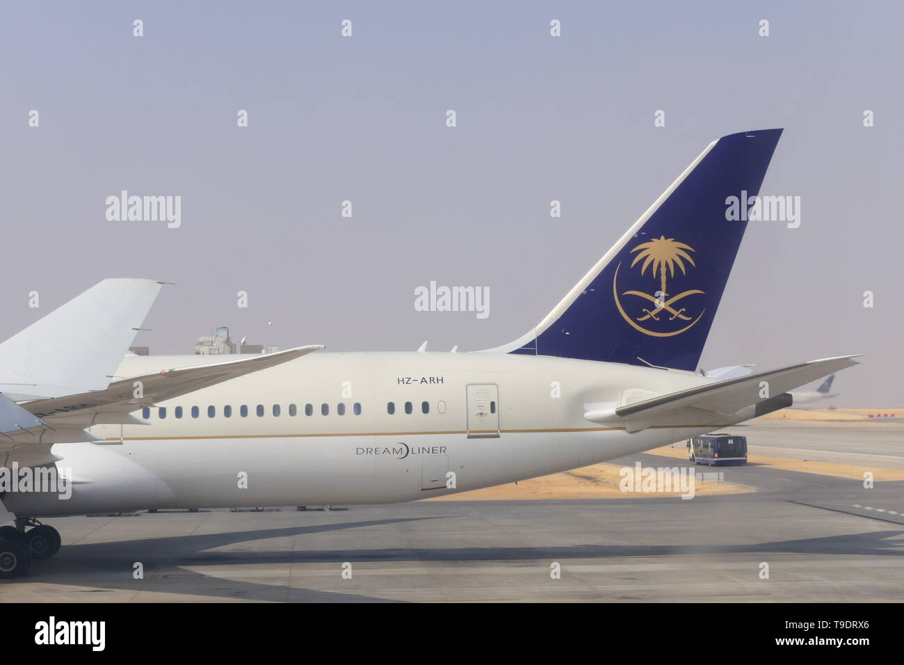 RIYADH, SAUDI ARABIA - DECEMBER 19, 2018: A Boeing 787-9 Dreamliner of Saudi Arabian Airlines, short (Saudia) parked on the area of the Riyadh Airport Stock Photo