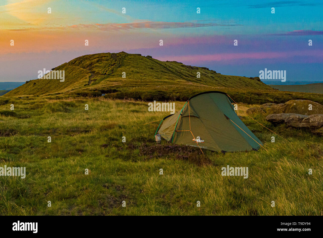 Wild Camping Small Tent In Wilderness At Sunrise Peak District Uk Stock Photo Alamy