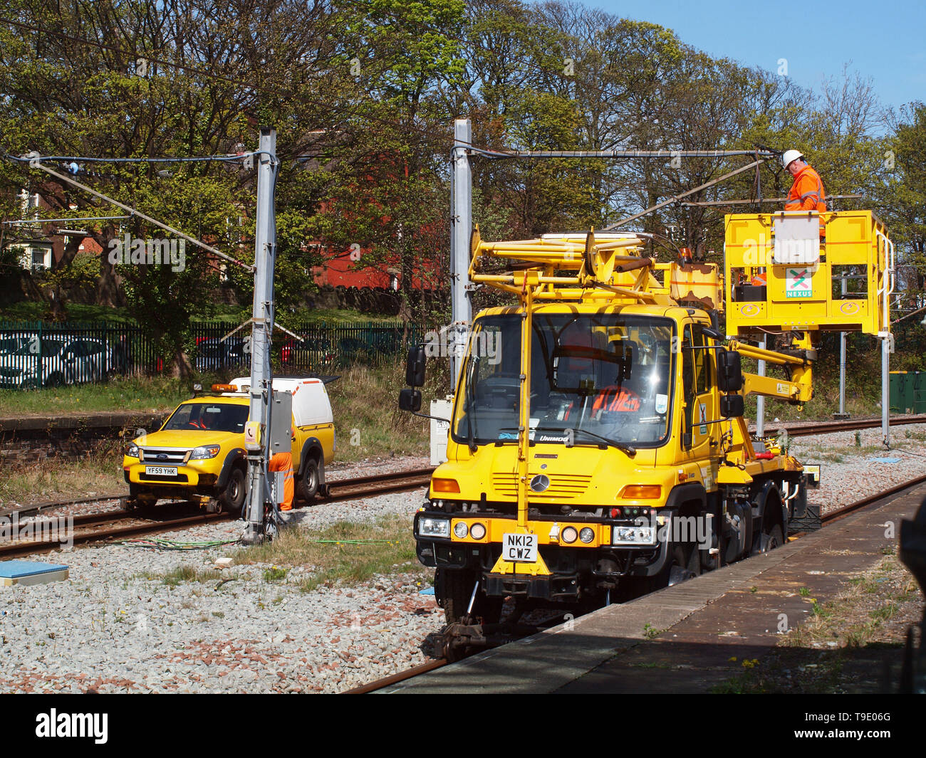 An engineer operating an adapted Mercedes Benz Unimog truck owned by Nexus, working on the Tyne&Wear metro system at Tynemouth on power lines. Stock Photo