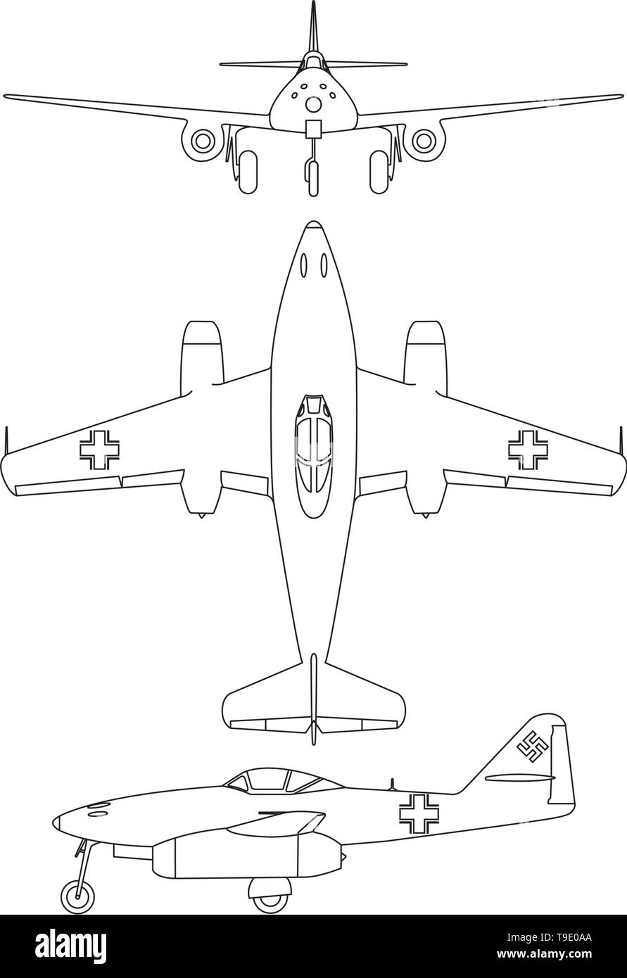 Turbine world war 2 airplane blueprint line vector illustration Stock Vector