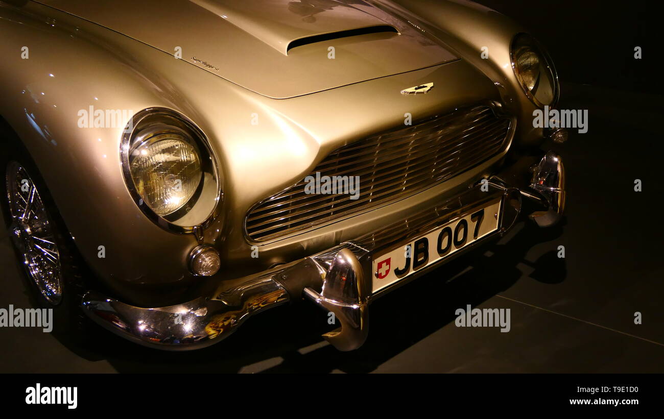 THE HAGUE, THE NETHERLANDS - APRIL 21, 2019: Front view with license plate of the famous and genuine Aston Martin from James Bond, 007 within the Louw Stock Photo