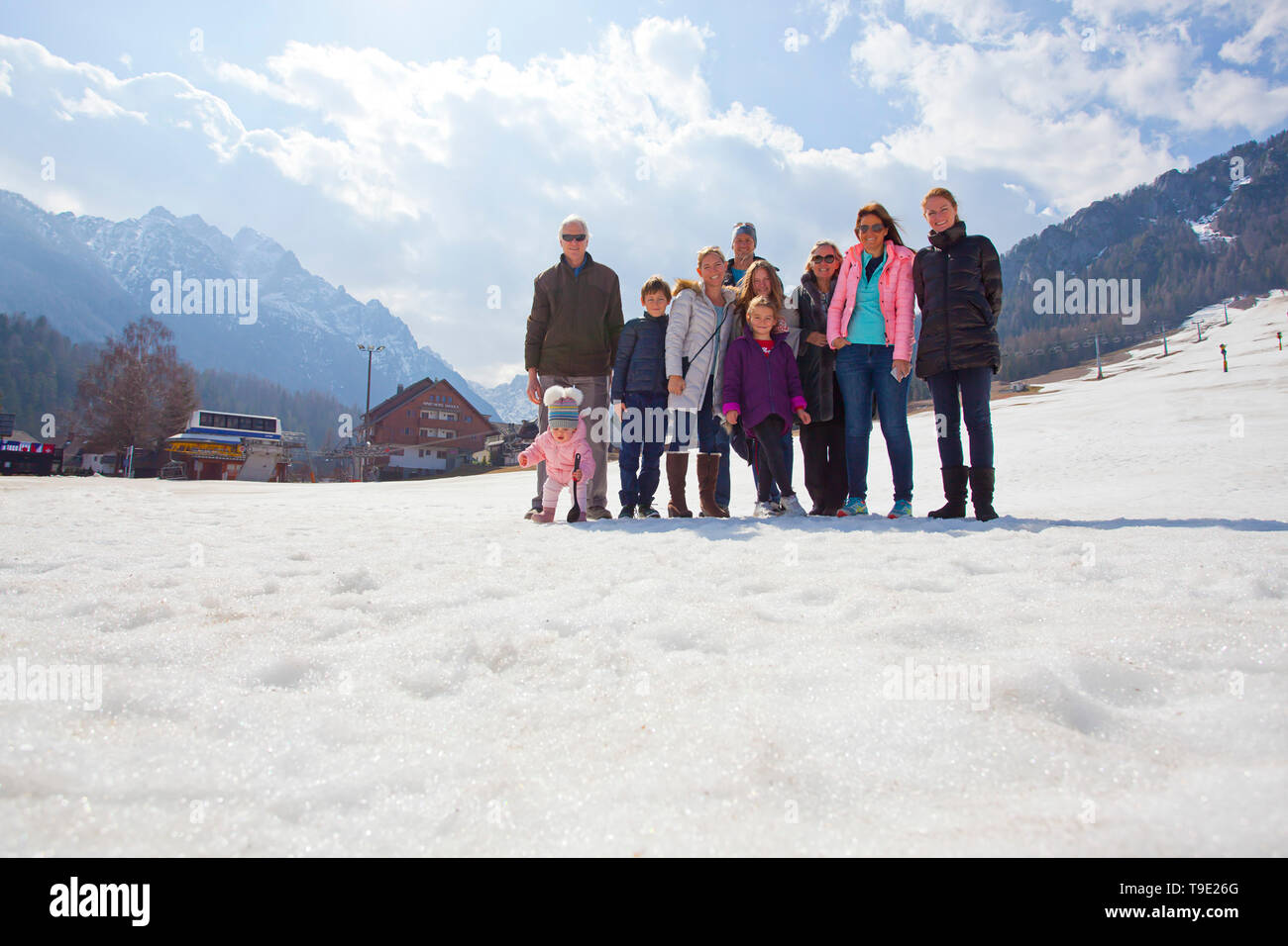 Family in the snow, Ski holiday Kranjska Gora, Slovenia Stock Photo
