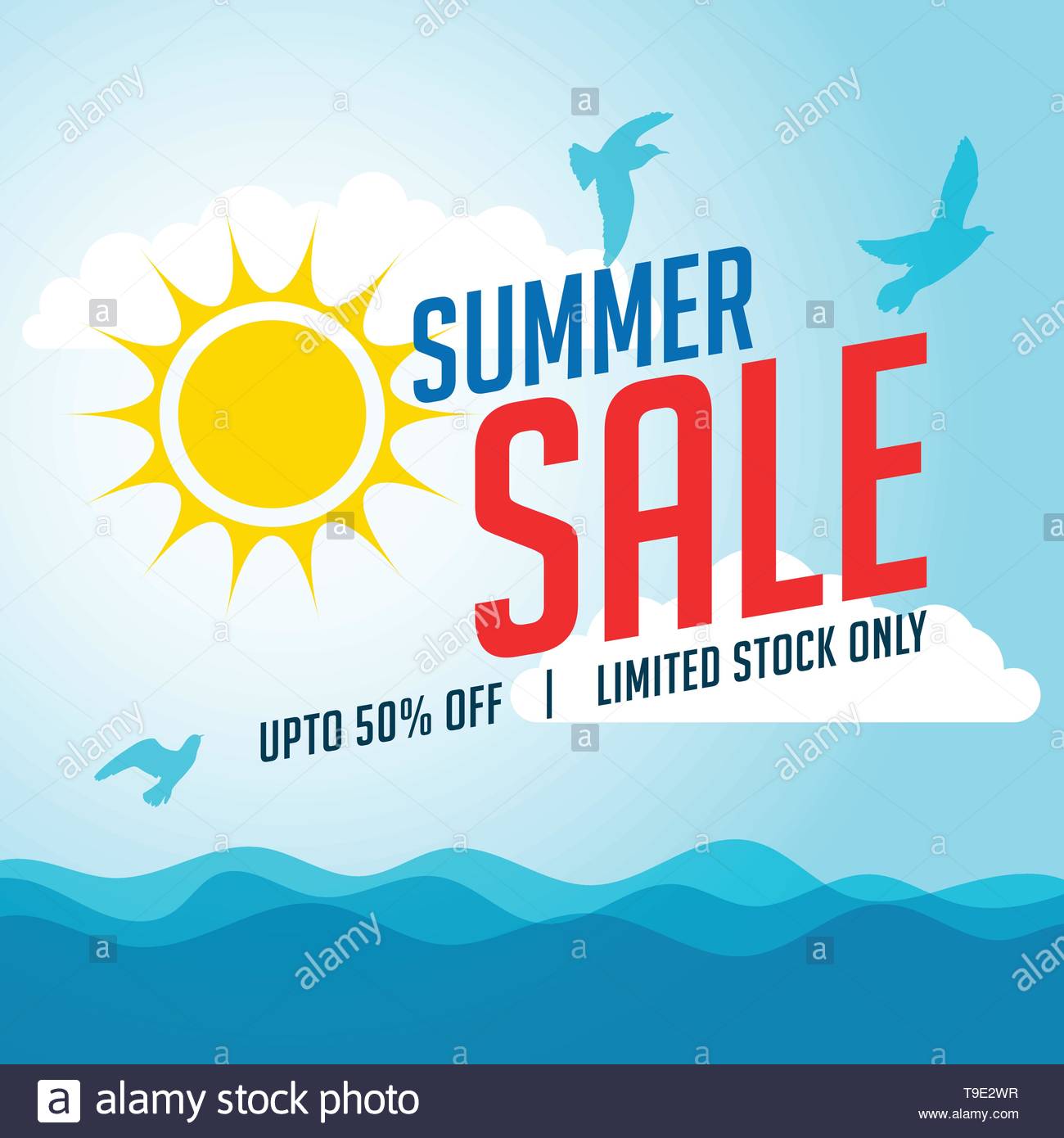 Summer Sale Banner With Sun And Birds Stock Vector Art