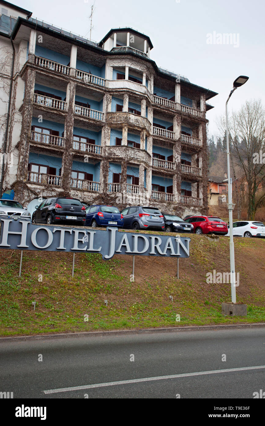 Hotel Jadran, Lake Bled on a rainy day, Slovenia Stock Photo