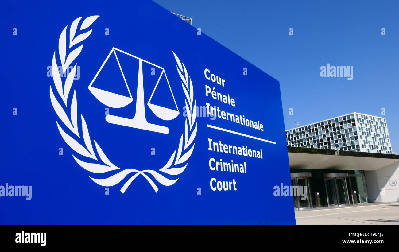 THE HAGUE, THE NETHERLANDS - APRIL 21, 2019: Close-up view of the sign of the International Criminal Court (ICC) Stock Photo
