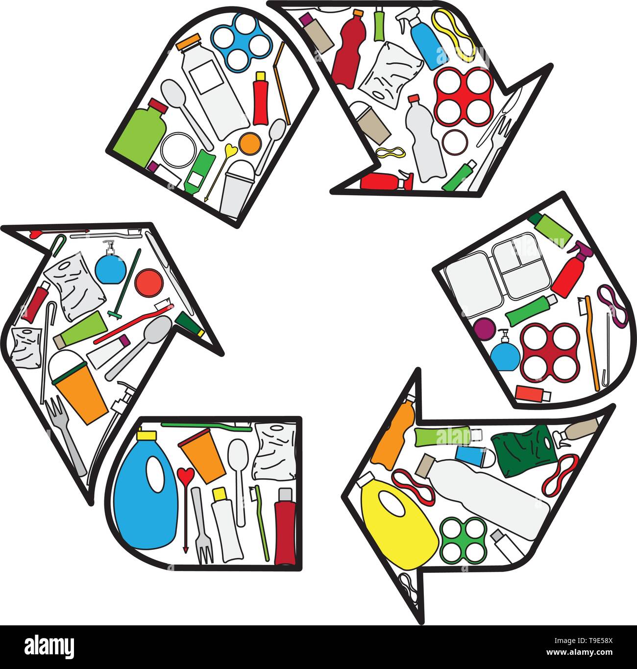 Recycling logo build up from plastic products isolated on white