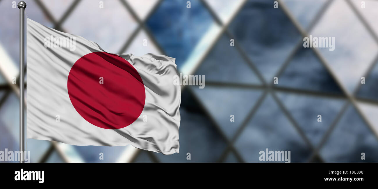 Japan flag waving in the wind against blurred modern building. Business ...