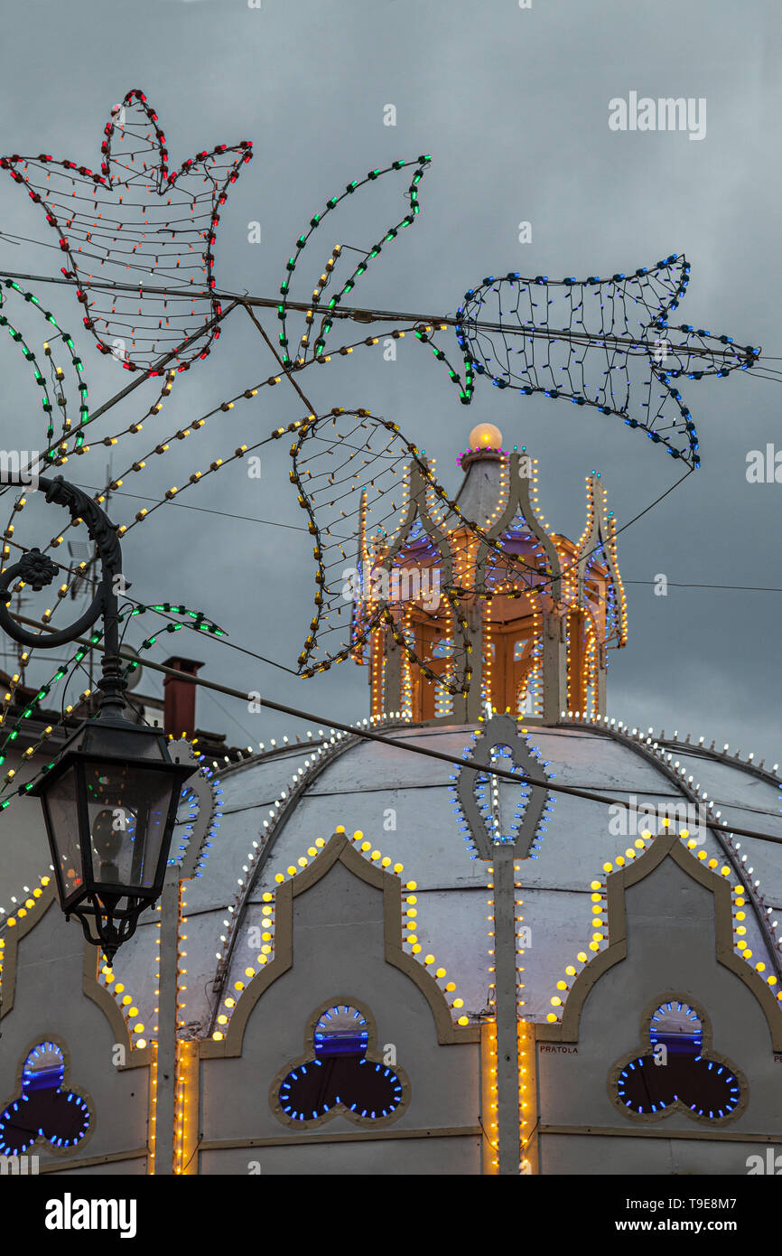 lighting decoration and band stand in celebration day. Pratola Peligna, Abruzzo Stock Photo