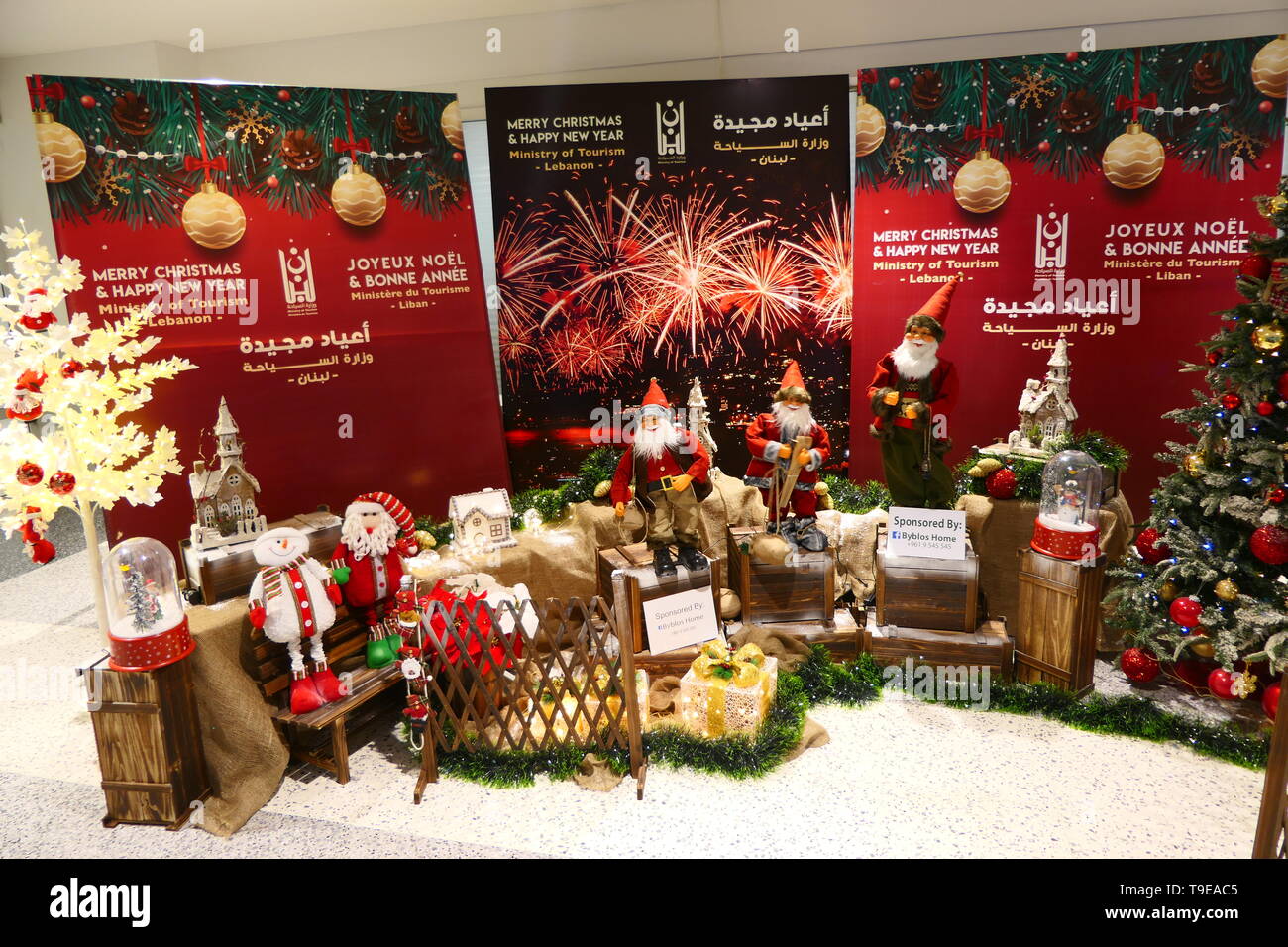 BEIRUT, LEBANON - DECEMBER 22, 2018: Happy Christmas and New Year wishes at the Beirut Rafic Hariri International Airport Stock Photo