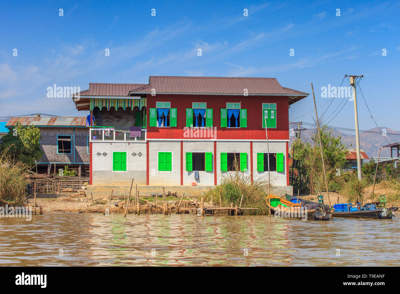 Floating houses on the Inle Lake, Myanmar Stock Photo