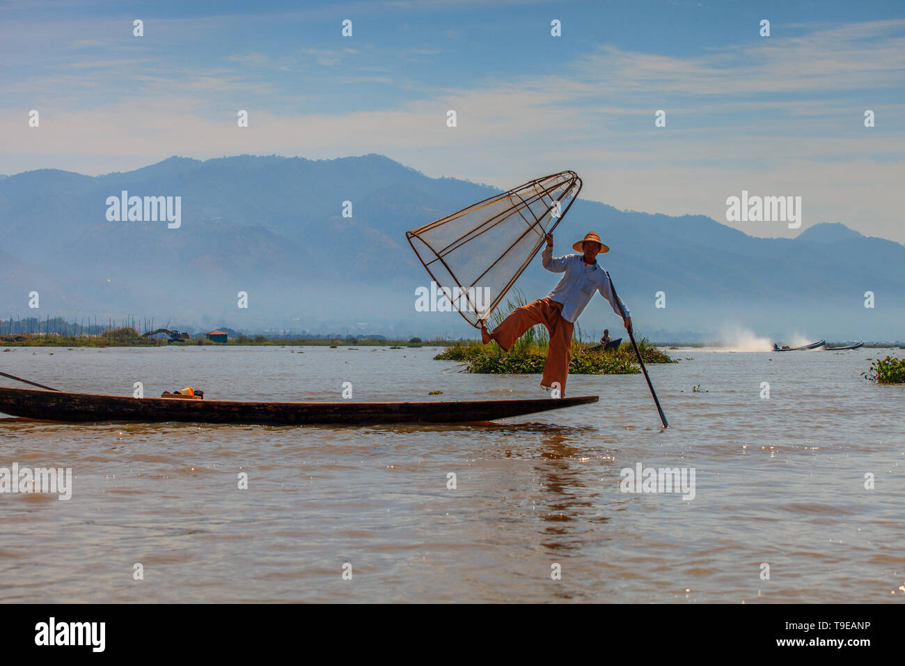 Burmese fisherman at Inle Lake (Myanmar) Stock Photo