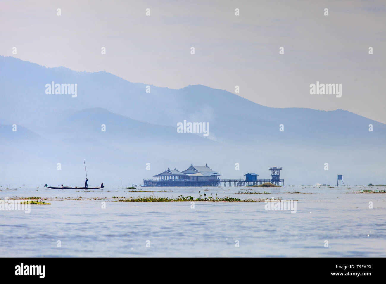 Overview of the Inle Lake with fisherman Stock Photo