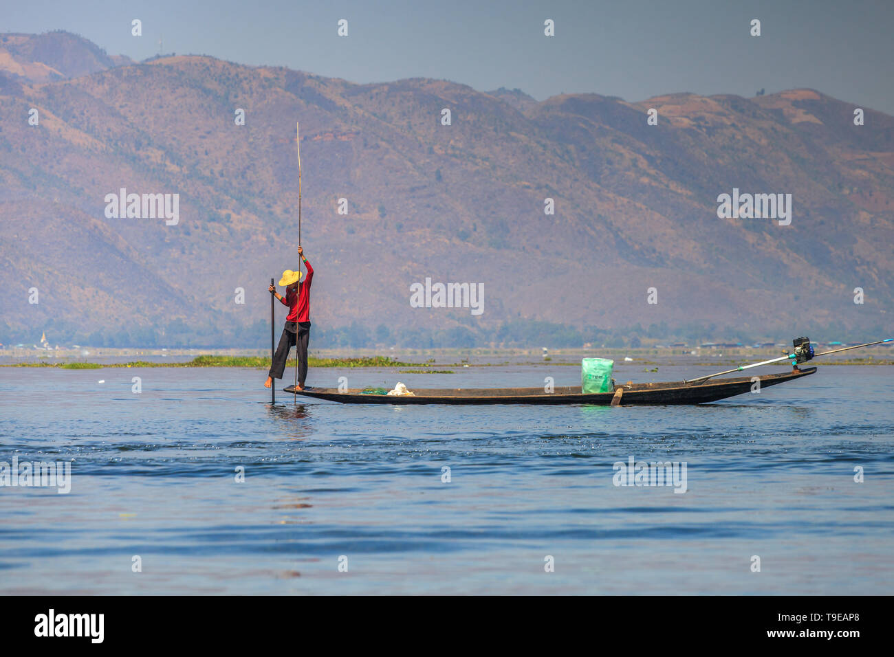 Burmese fisherman at Inle Lake (Myanmar) Stock Photo