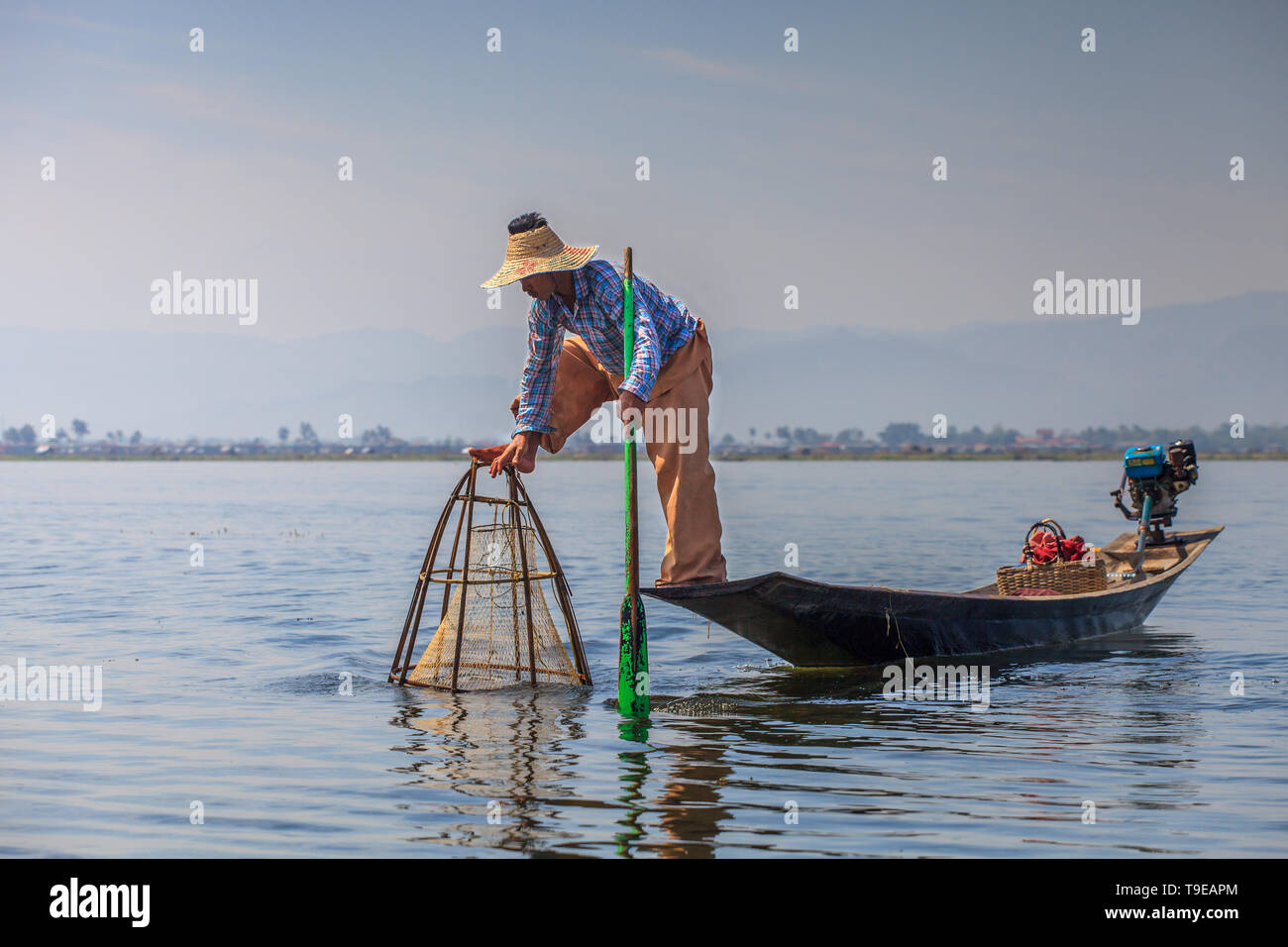 Burmese fisherman at Inle Lake (Myanmar) Stock Photo