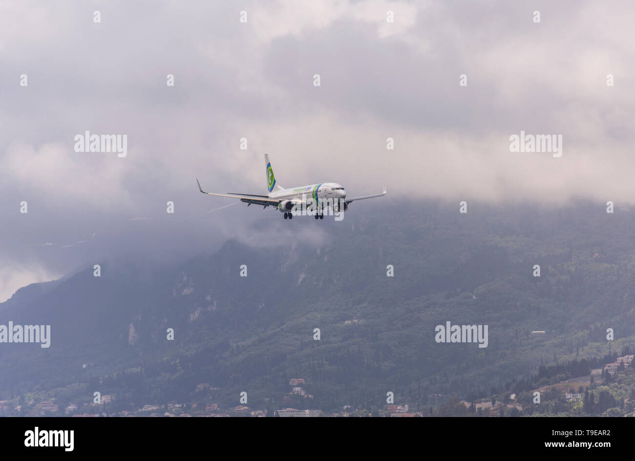 Transavia Boeing 737-800 landing at Corfu International Airport - CFU May 05,2019 Stock Photo