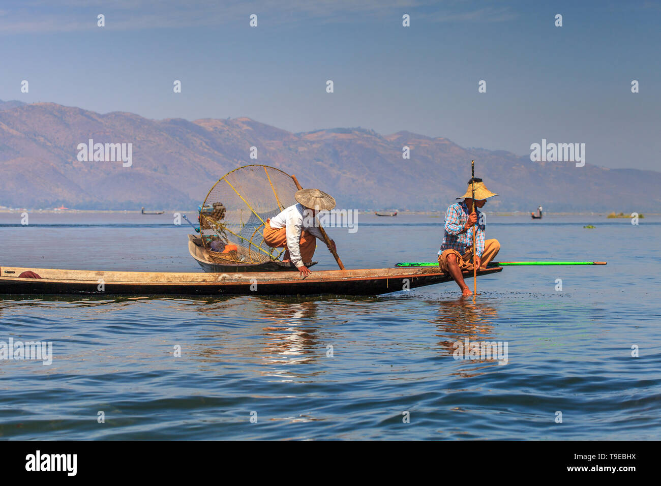 Burmese fisherman at Inle Lake (Myanmar) Stock Photo