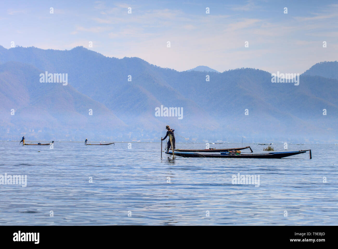 Overview of the inle lake with fishermen Stock Photo