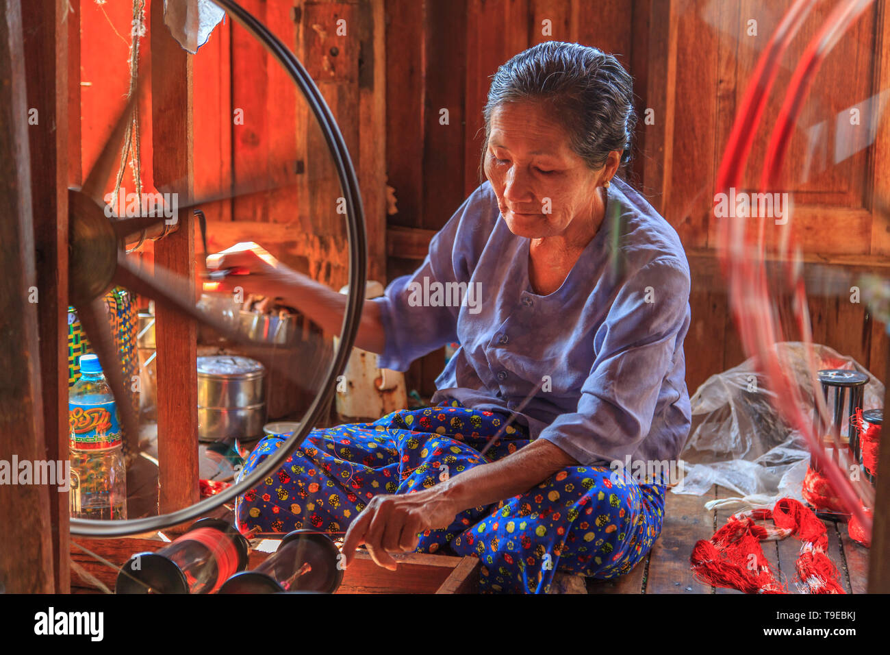 Wool spinning (Inle lake, Myanmar) Stock Photo