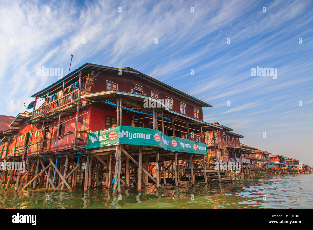 Floating houses on the Inle Lake, Myanmar Stock Photo