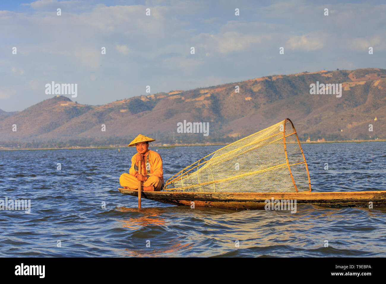 Burmese fisherman at Inle Lake (Myanmar) Stock Photo