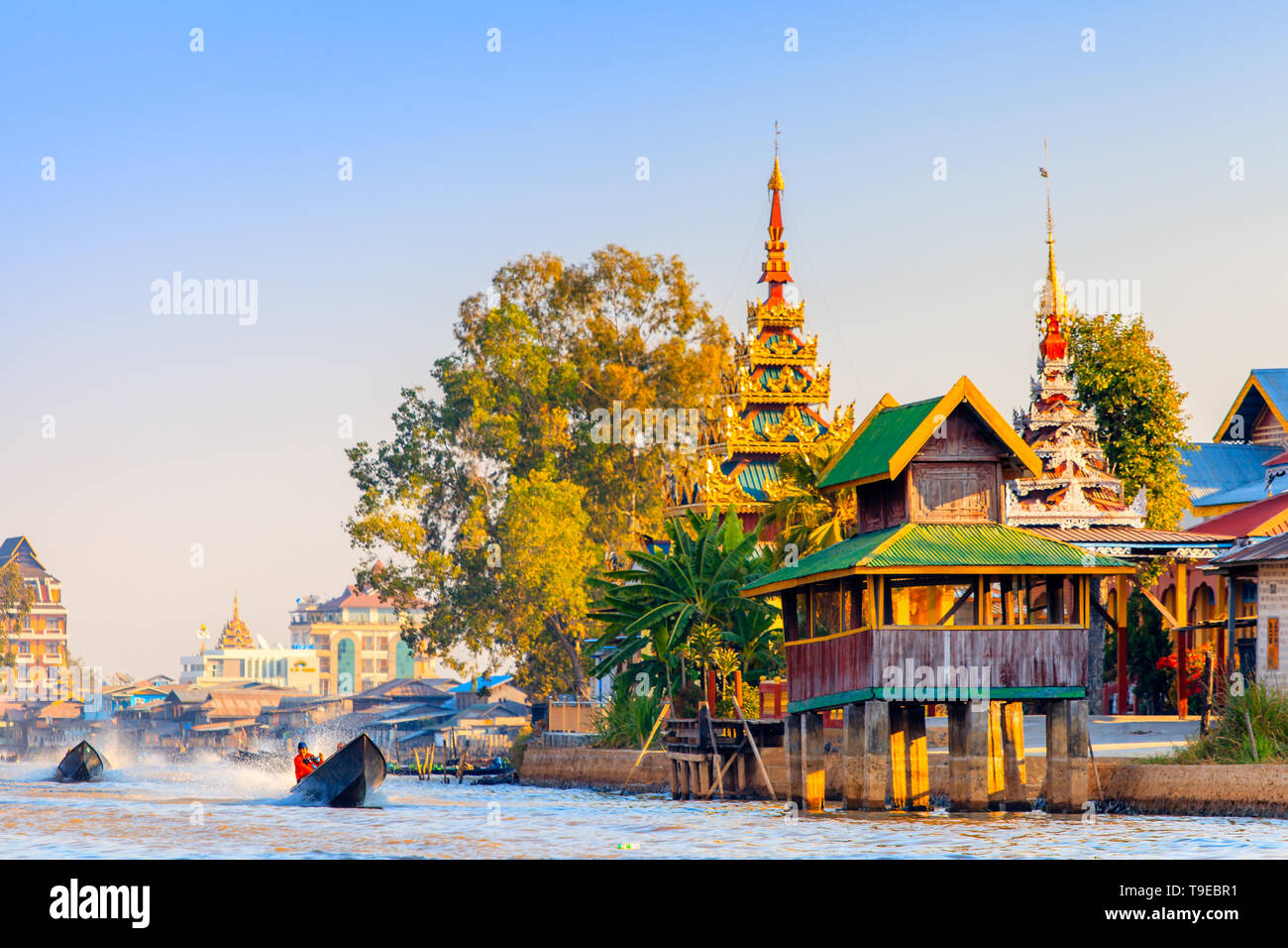 View of a village on the Inle lake Stock Photo