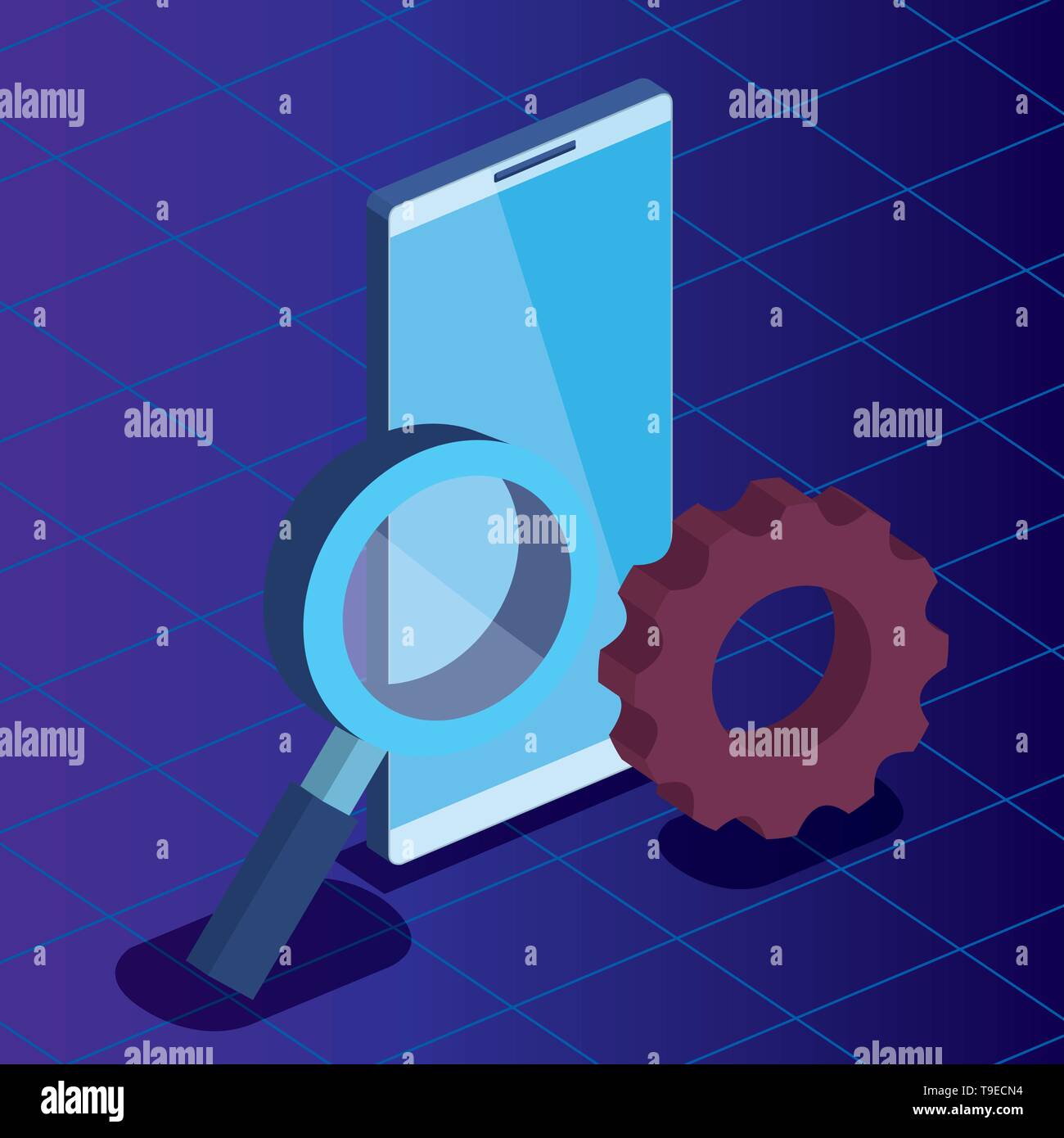 smartphone technology with magnifying glass and gear Stock Vector Image ...