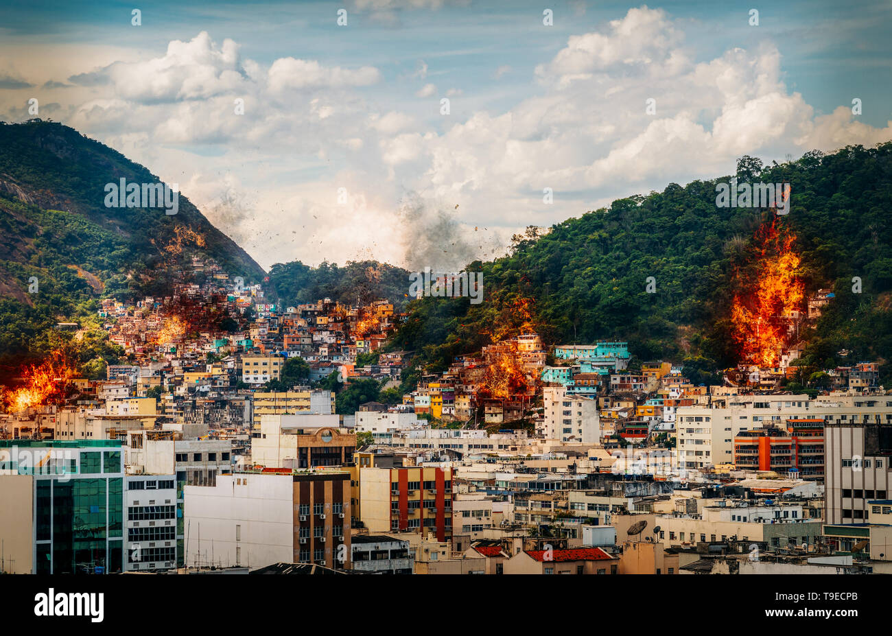 Digital manipulation of fires and smoke from possible gang warfare to control the drug trade in Rio de Janeiro, Brazil slums known as favelas Stock Photo
