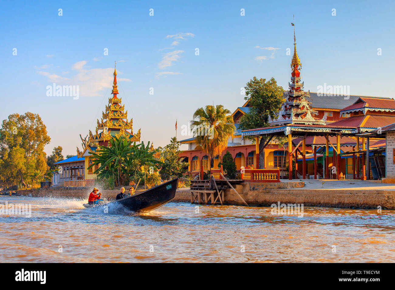 View of a village on the Inle lake Stock Photo