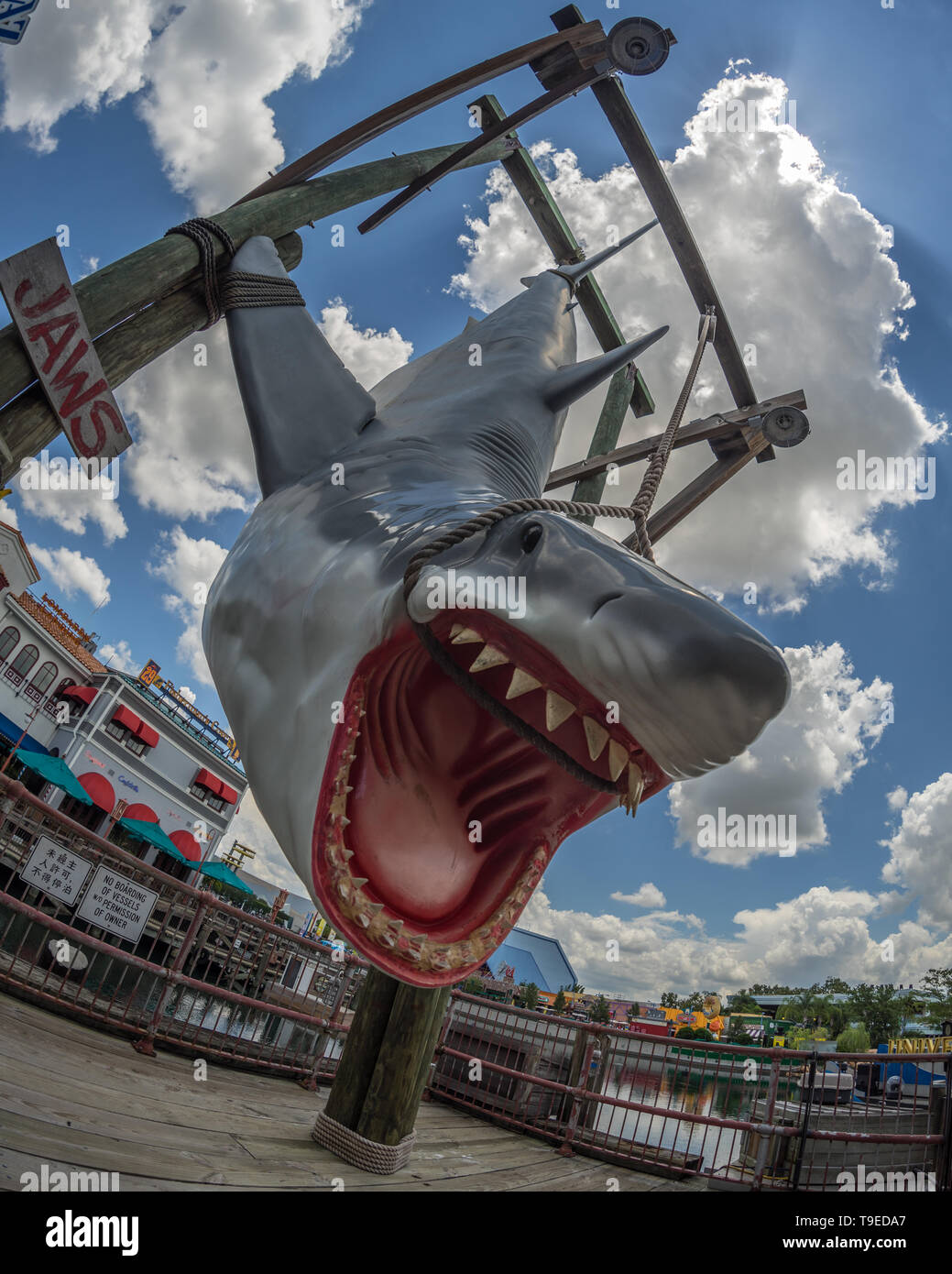 Orlando, Florida, USA - June 2015 : Universal Studios Theme Park, Life size shark display from the film Jaws Stock Photo
